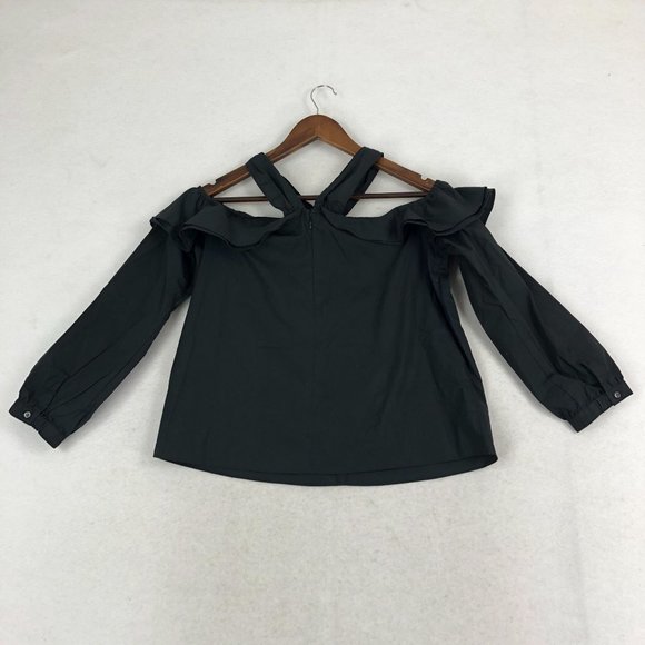 J.Crew Women's Size 8 Black Halter Cold Shoulder 3/4 Sleeve 100% Cotton Blouse - Picture 11 of 12